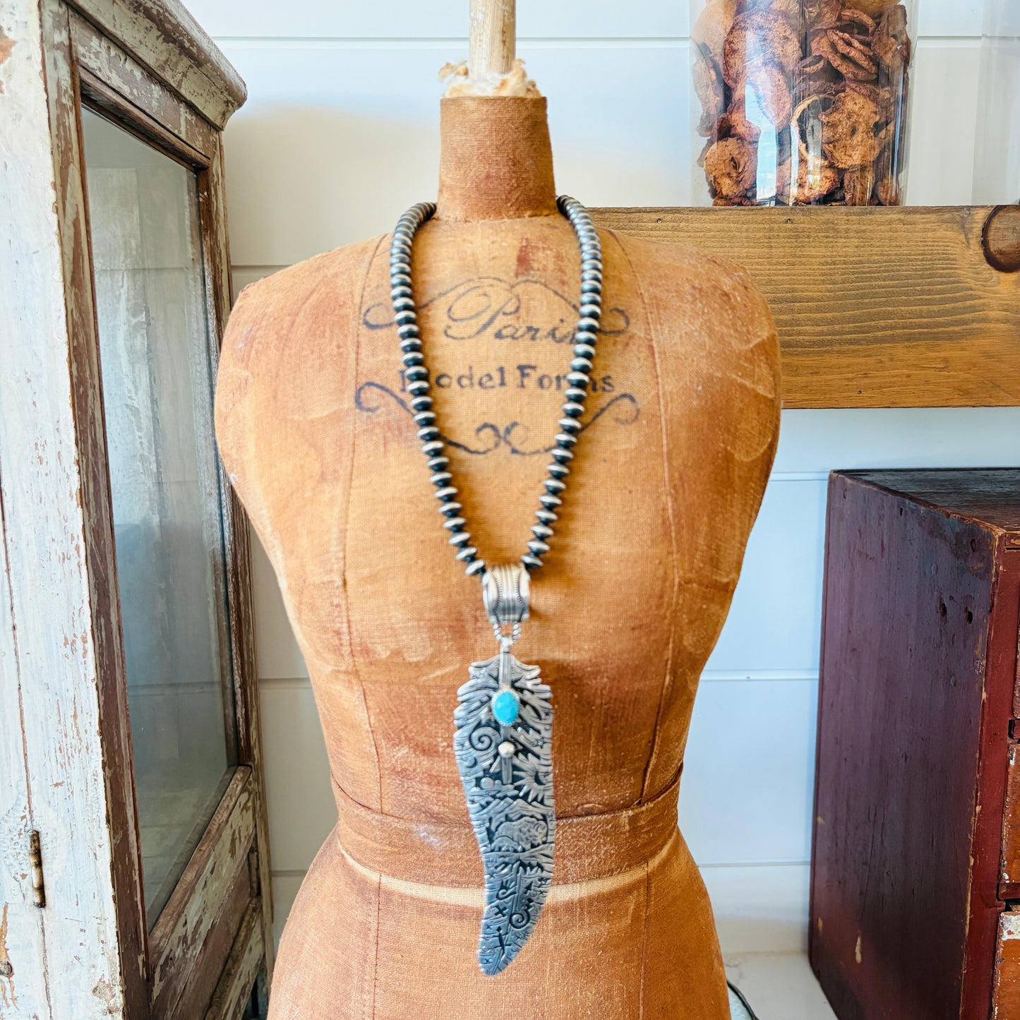 Navajo Richard Singer Sterling Silver & Kingman Turquoise Feather Storyteller Pendant