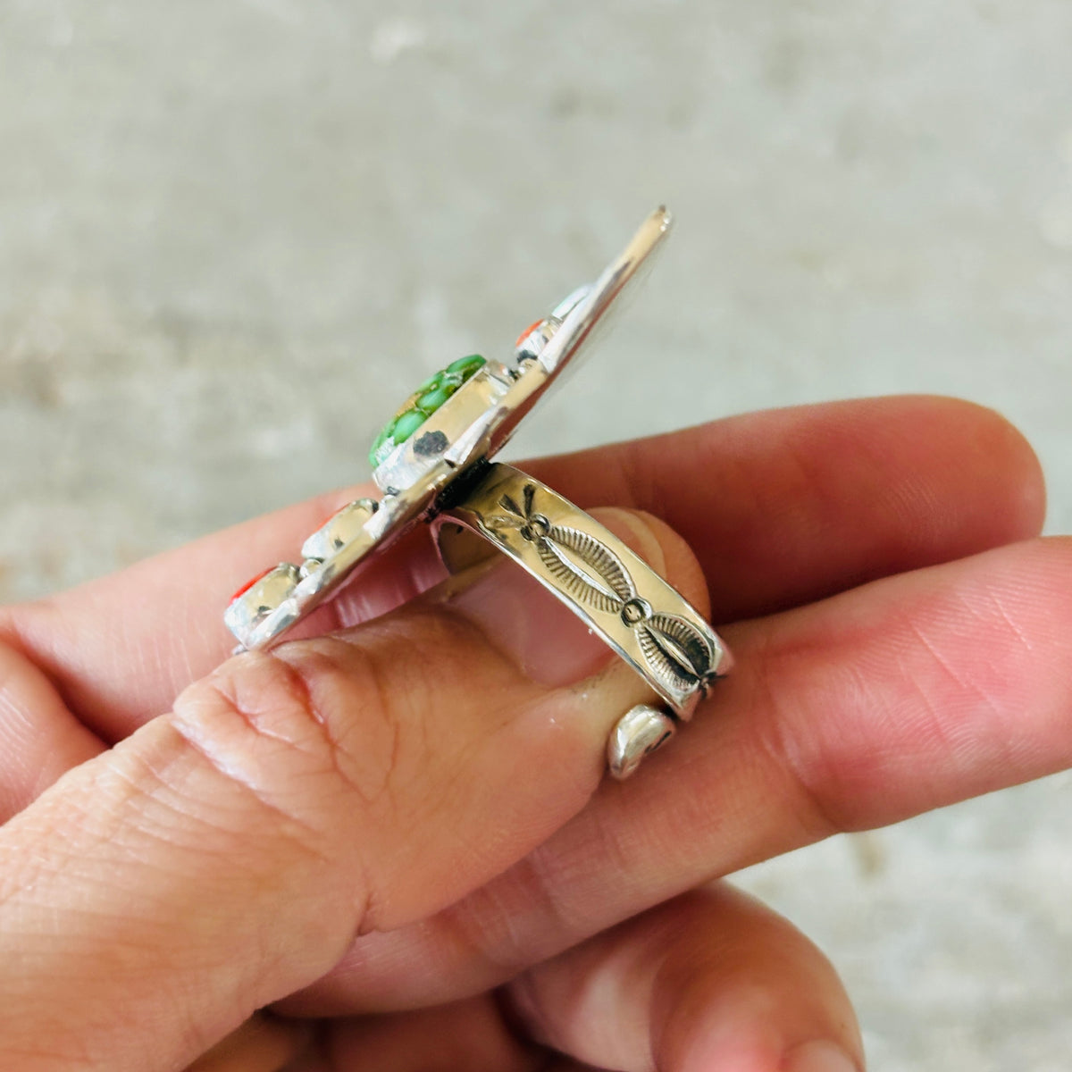 Navajo Lee Charley Sterling Silver - Red Coral & Sonoran Turquoise Butterfly Ring