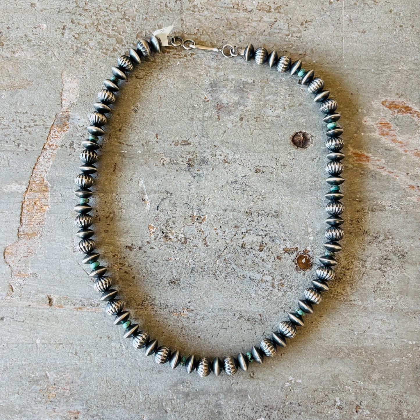 Navajo Preston Haley Sterling Silver & Kingman Turquoise 6mm Saucer - 9mm Fluted Handmade Pearls Necklace