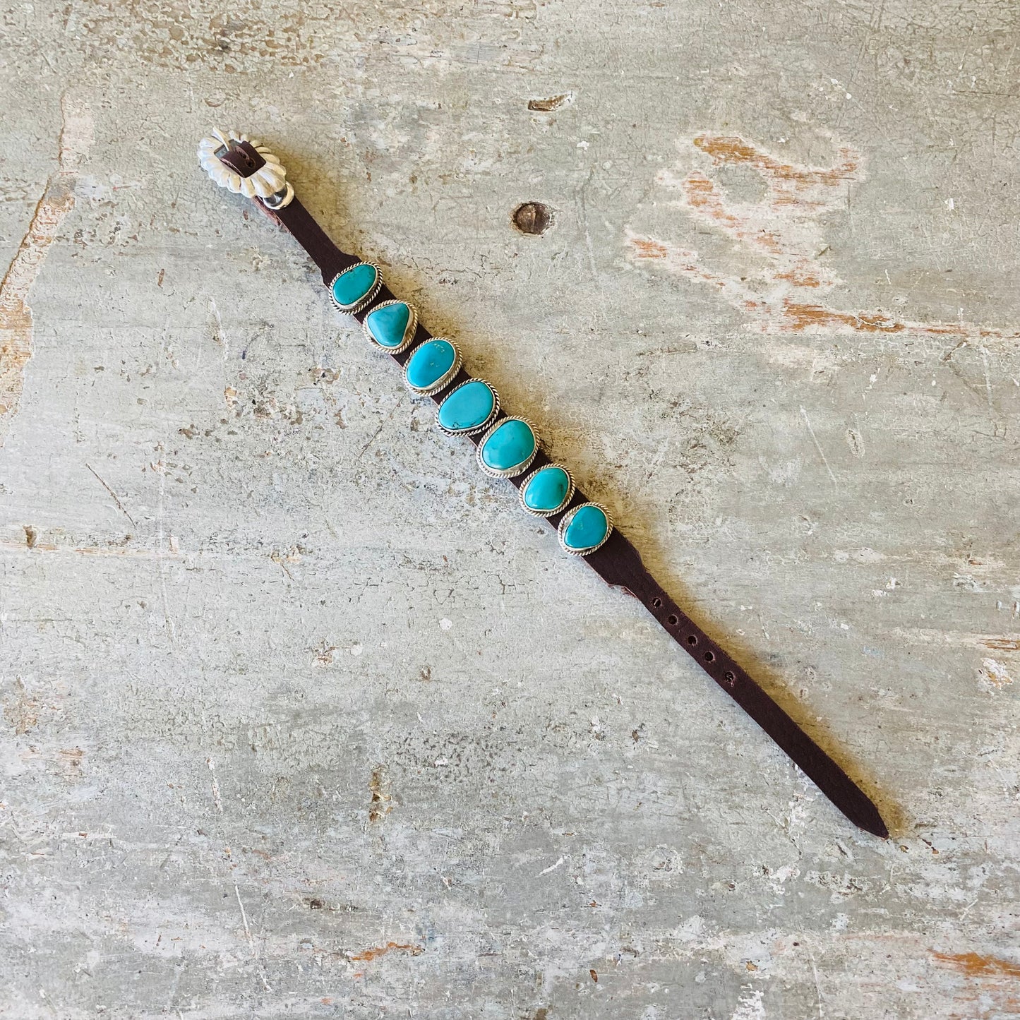 Navajo Signed Sterling Silver & Turquoise Leather Bracelet