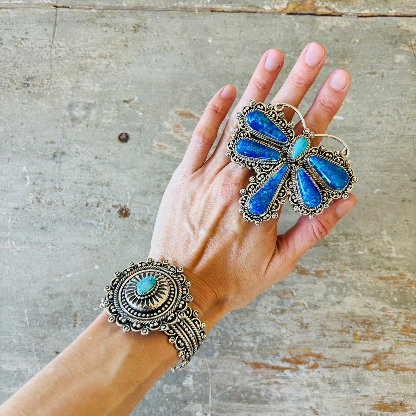 Navajo Hemerson Brown Sterling Silver - Blue Lab Opal & Sleeping Beauty Turquoise Dragonfly Ring