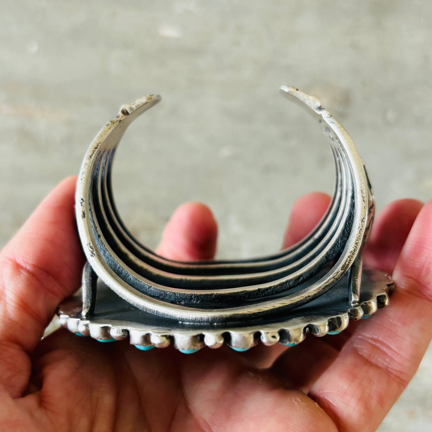 Navajo Kindale Billah Sterling Silver - Ceramic - Moonstone & Kingman Turquoise Cluster Cuff