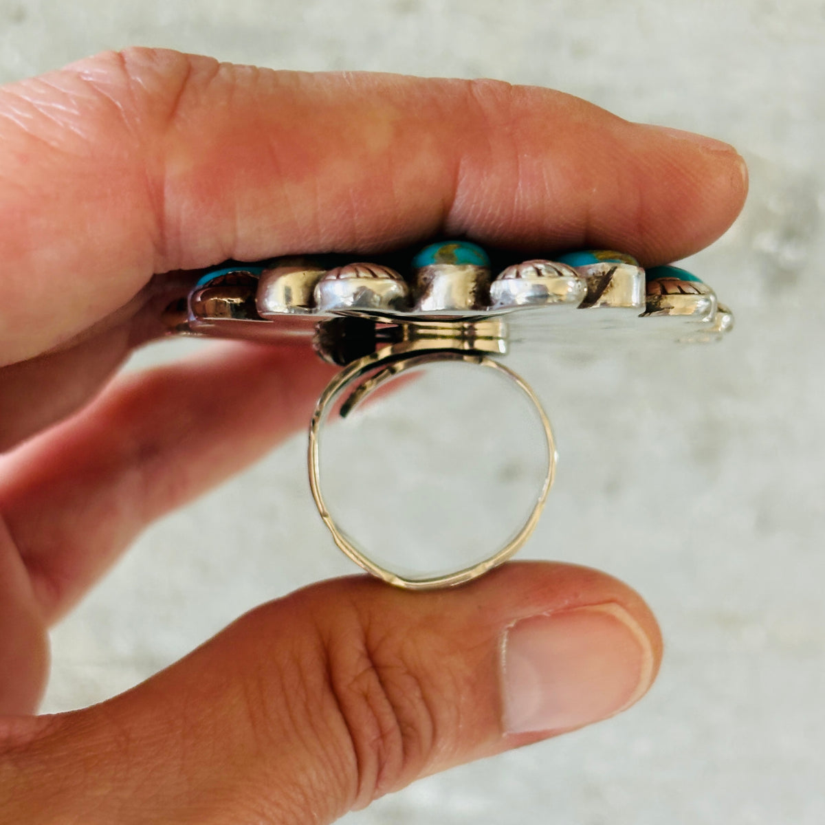 Navajo Tyler Brown Sterling Silver & Kingman Turquoise Cluster Ring