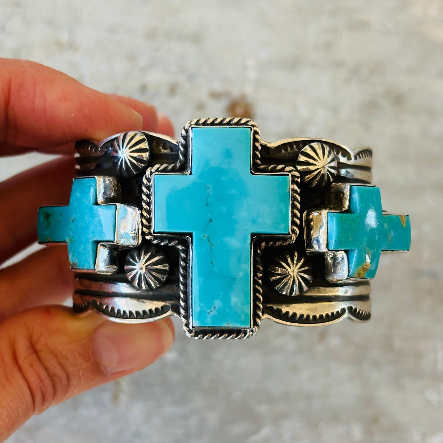 Navajo Andy Cadman Sterling Silver & Kingman Turquoise Crosses Cuff