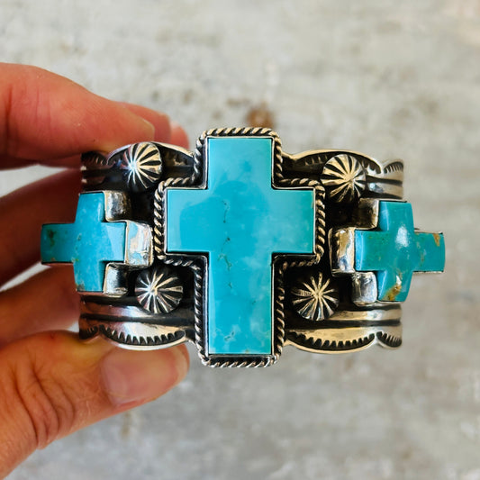 Navajo Andy Cadman Sterling Silver & Kingman Turquoise Crosses Cuff