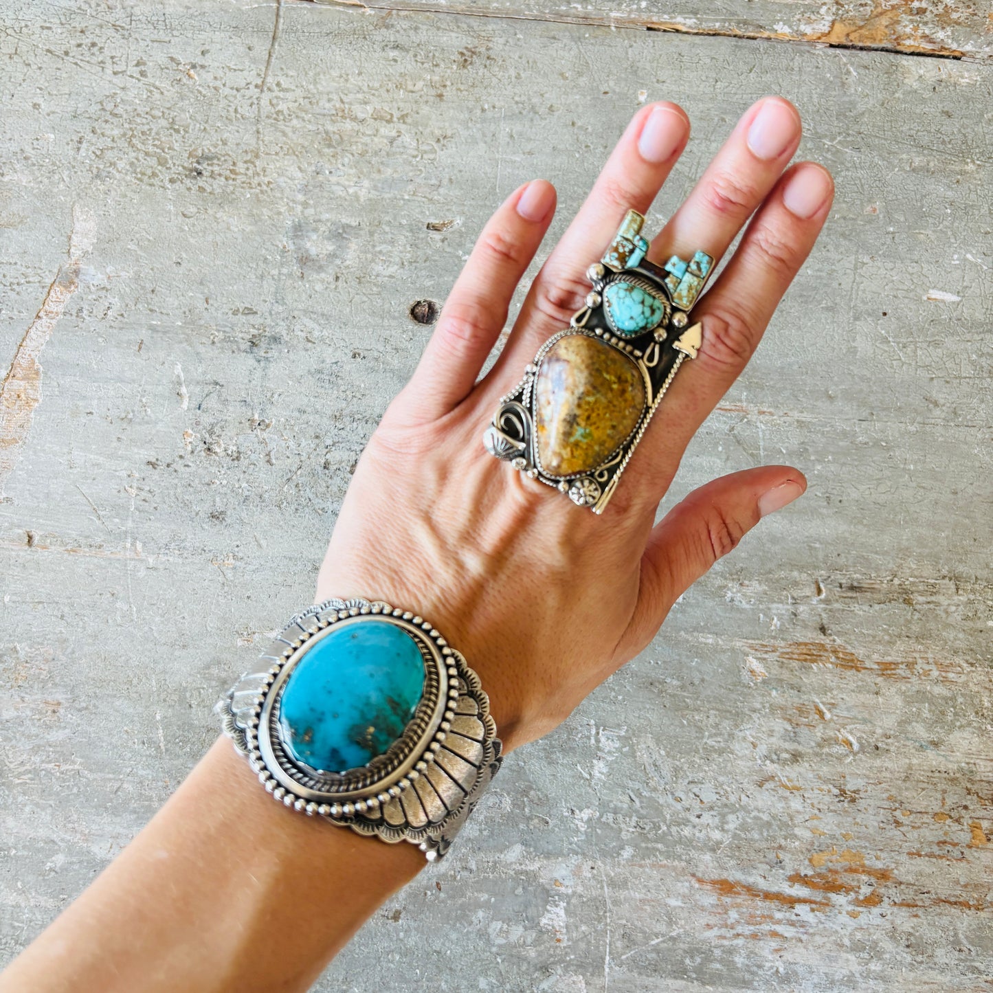 Navajo Bryan Tom Sterling Silver - Kingman - Lone Mountain Turquoise & Dinosaur Bone Maiden Ring