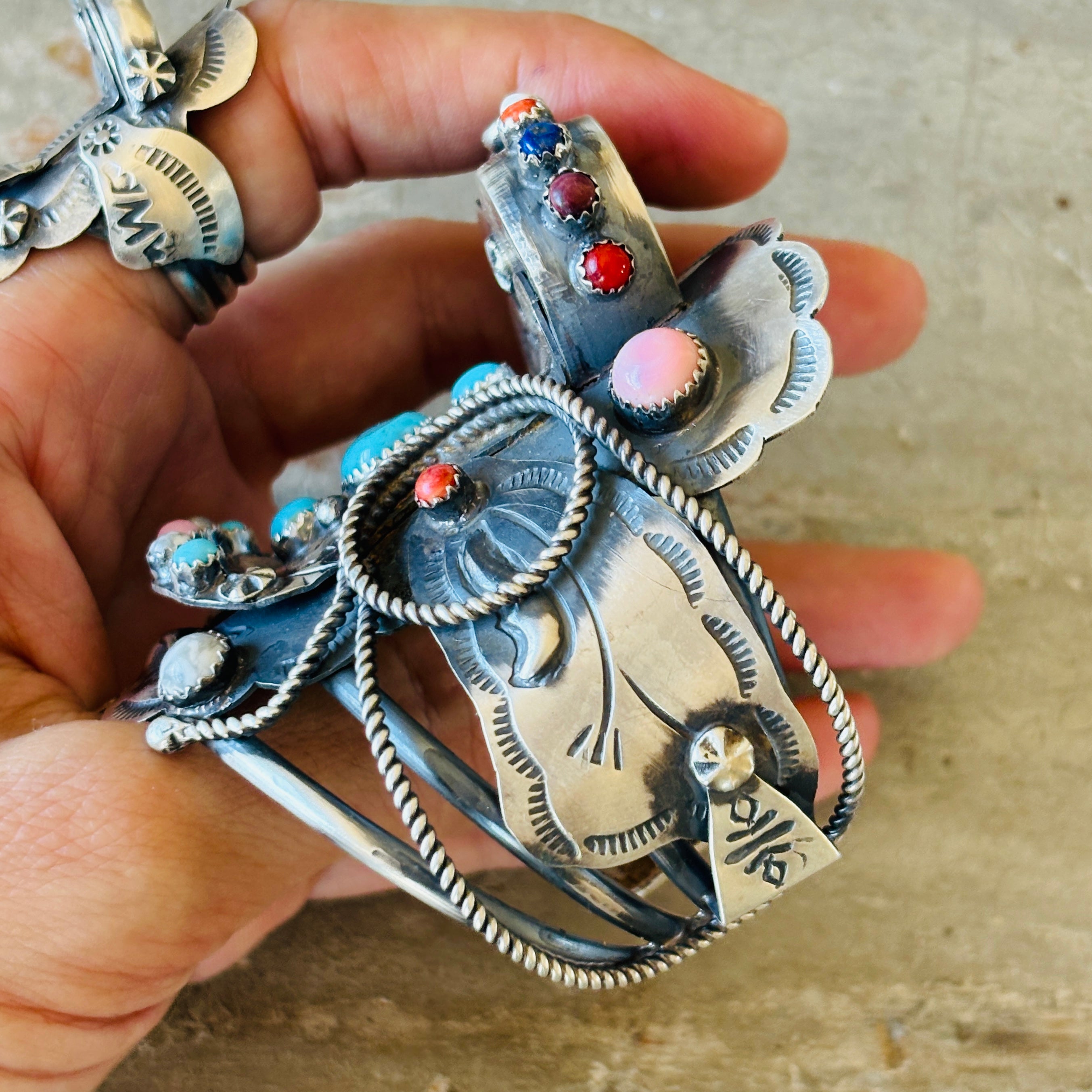 New Navajo Tim Yazzie Sterling Silver Multi Stone Saddle