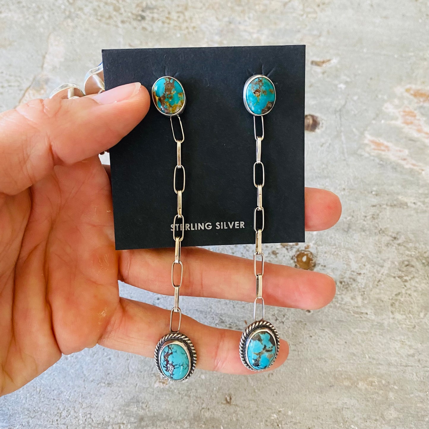 Navajo Signed Sterling Silver & Turquoise Chain Earrings