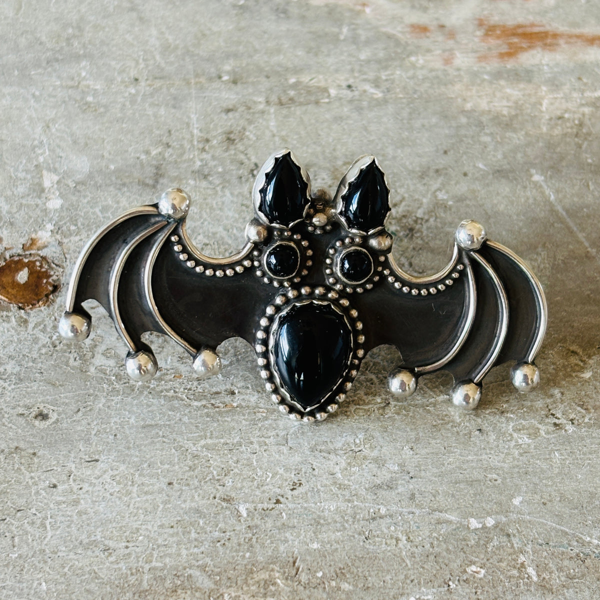 Navajo Readda Begay Sterling Silver & Black Onyx Bat Pin - Pendant