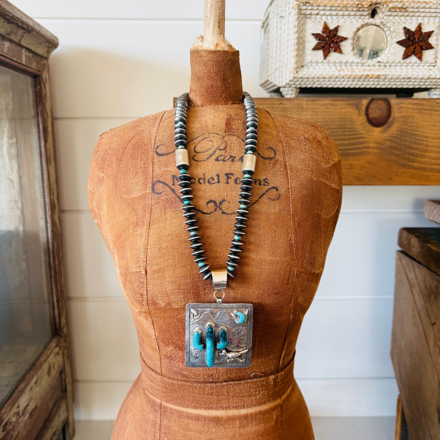 Navajo Hemerson Brown Sterling Silver & Kingman Turquoise Cactus Pendant