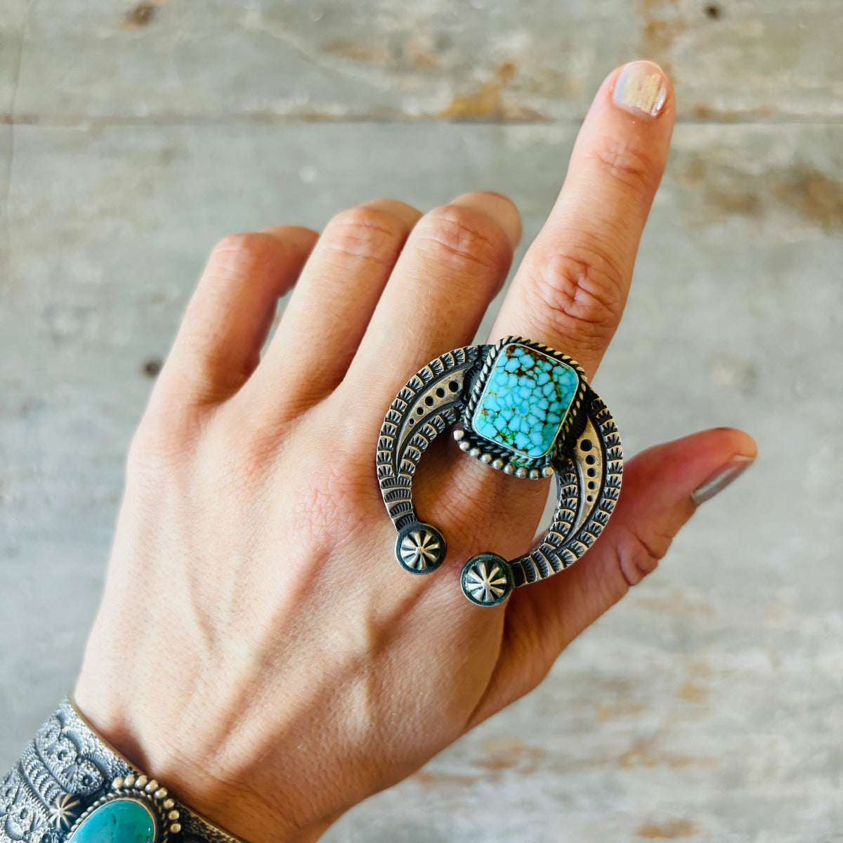 Navajo Hemerson Smith Sterling Silver & Web Kingman Turquoise Naja Ring