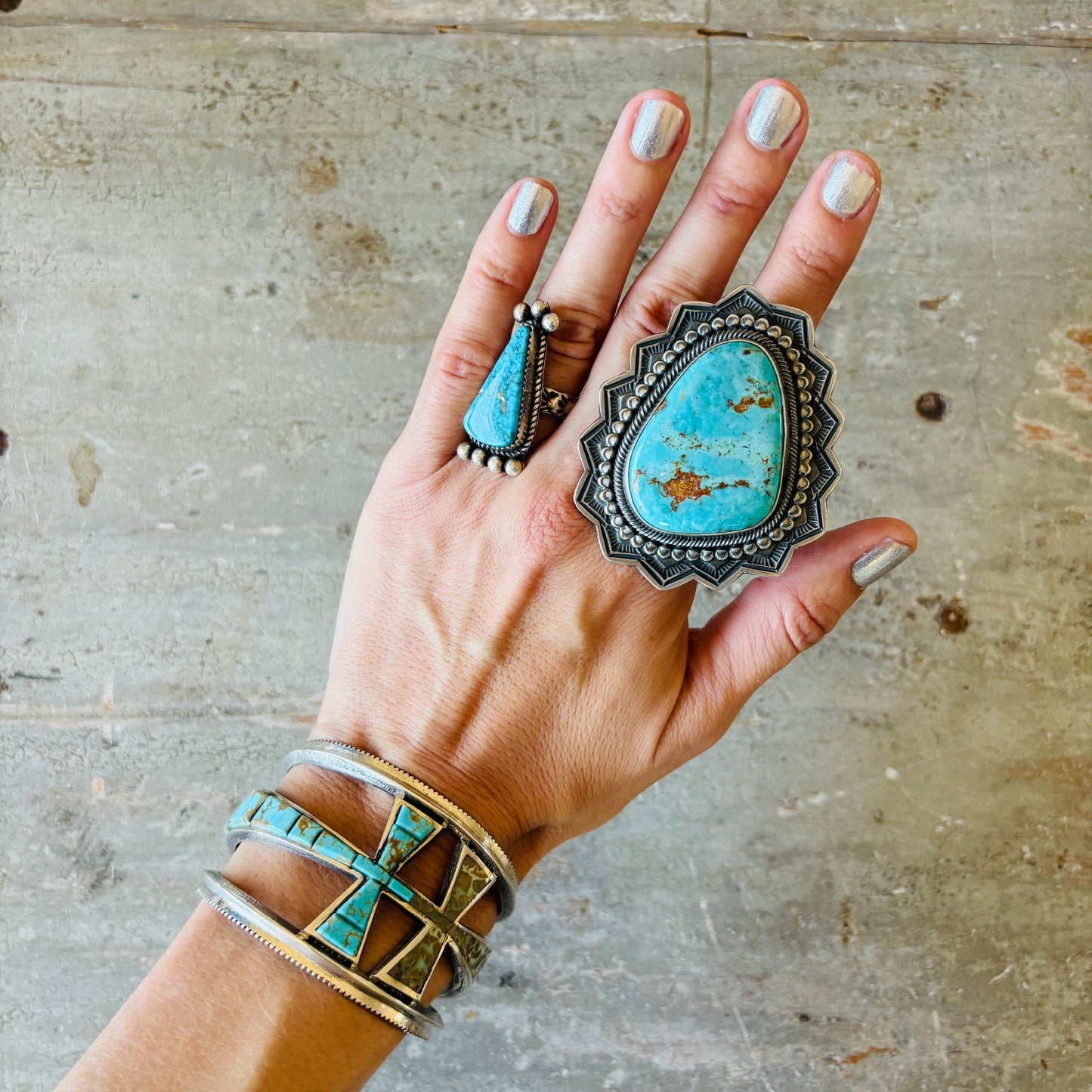Navajo Aaron Anderson Sterling Silver & Mixed Turquoise Tufa Cast Cobblestone Crosses Cuff