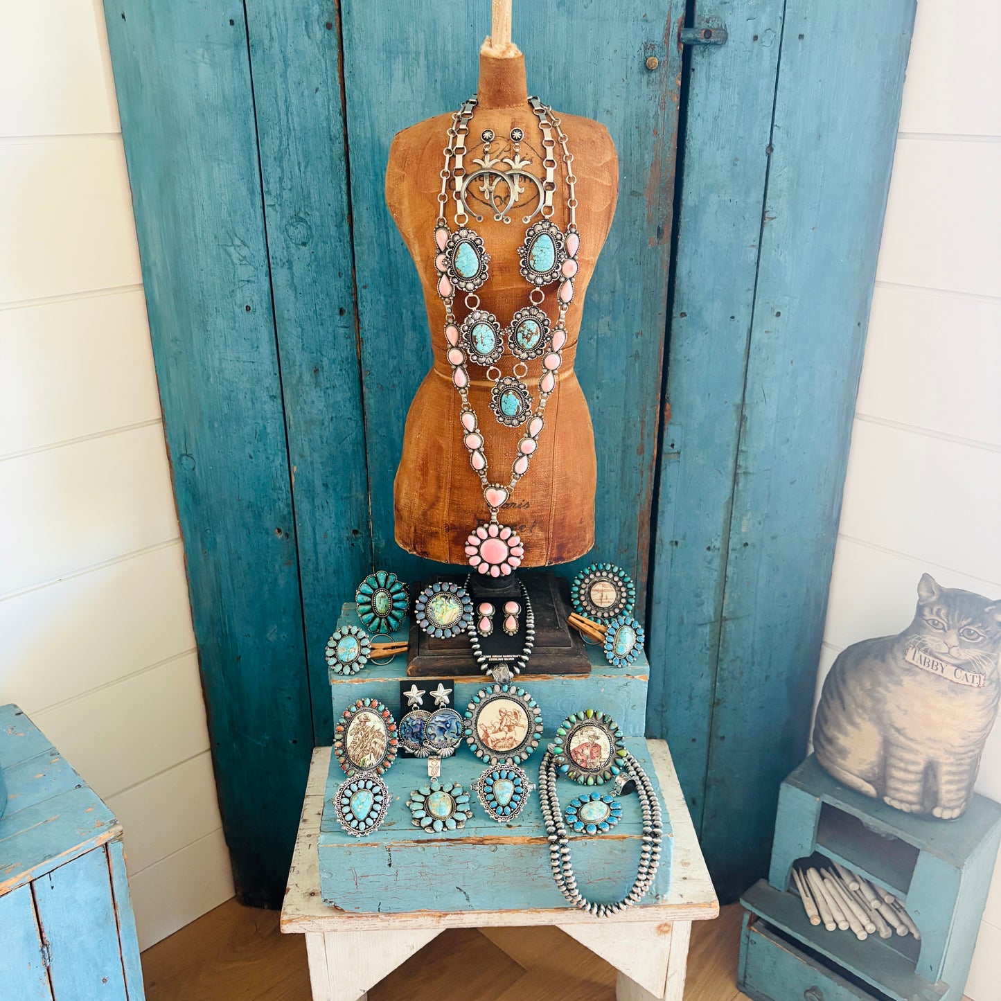 Navajo Hemerson Brown Sterling Silver - Sonoran Turquoise & Blue Lab Opal Cluster Statement Pendant