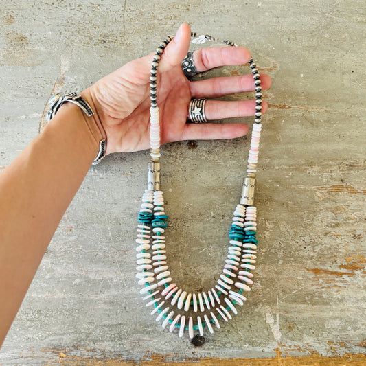 Navajo Charlene Little Sterling Silver - Pink Conch & Kingman Turquoise Statement Necklace
