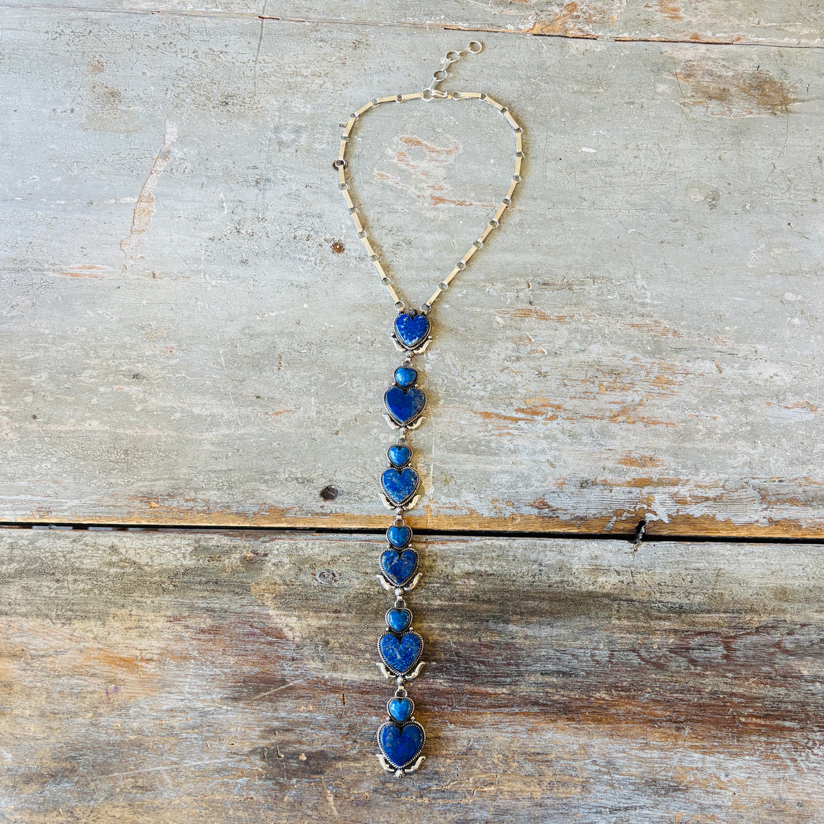 Navajo Hemerson Brown Sterling Silver & Lapis Hearts Statement Lariat Necklace