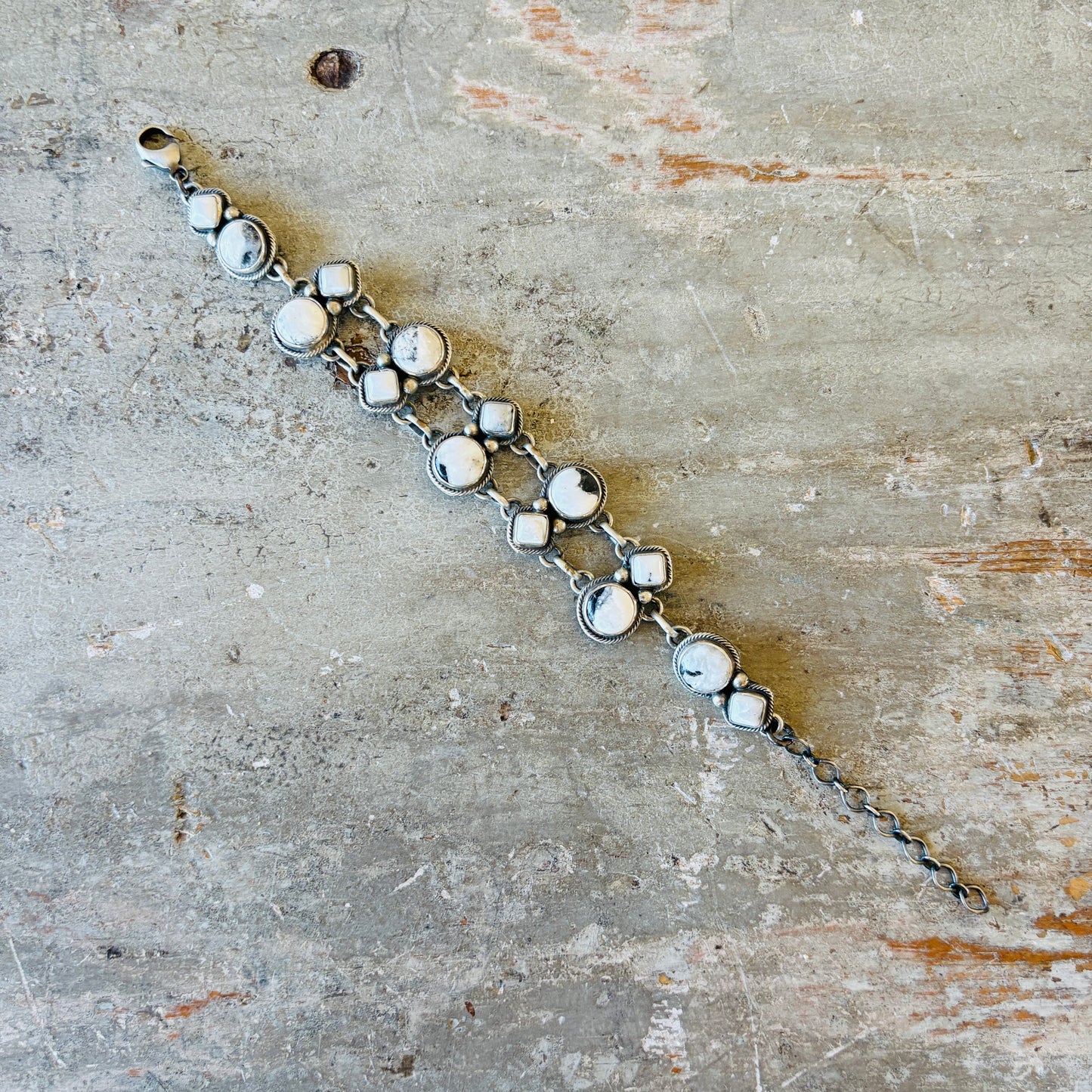 Navajo Kathleen Livingston Sterling Silver & White Buffalo Double Row Bracelet