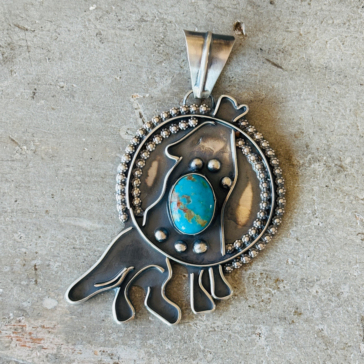 Navajo Miranda Willie Sterling Silver & Kingman Turquoise Howling Wolf Pendant
