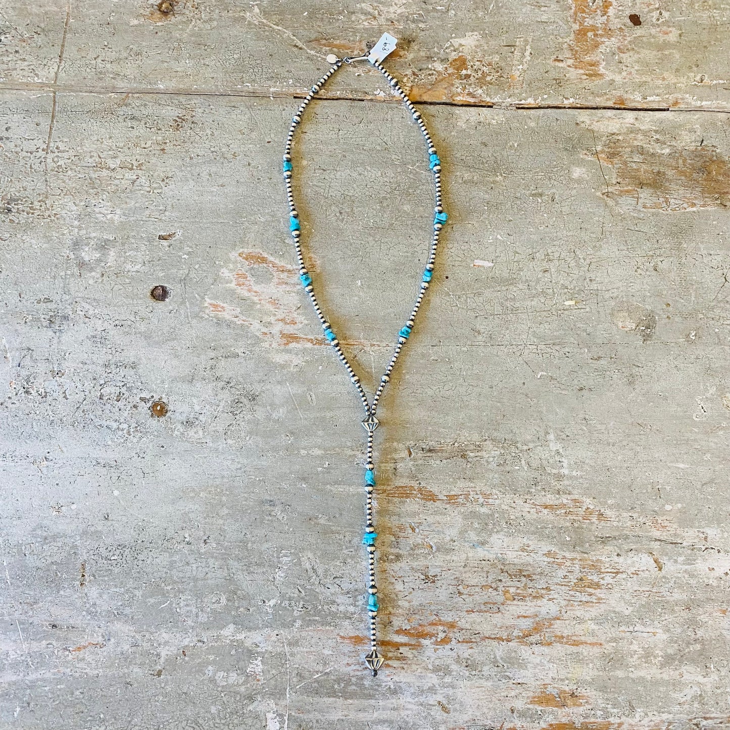 Navajo Strung Sterling Silver Machine Made Pearls & Turquoise Lariat Necklace