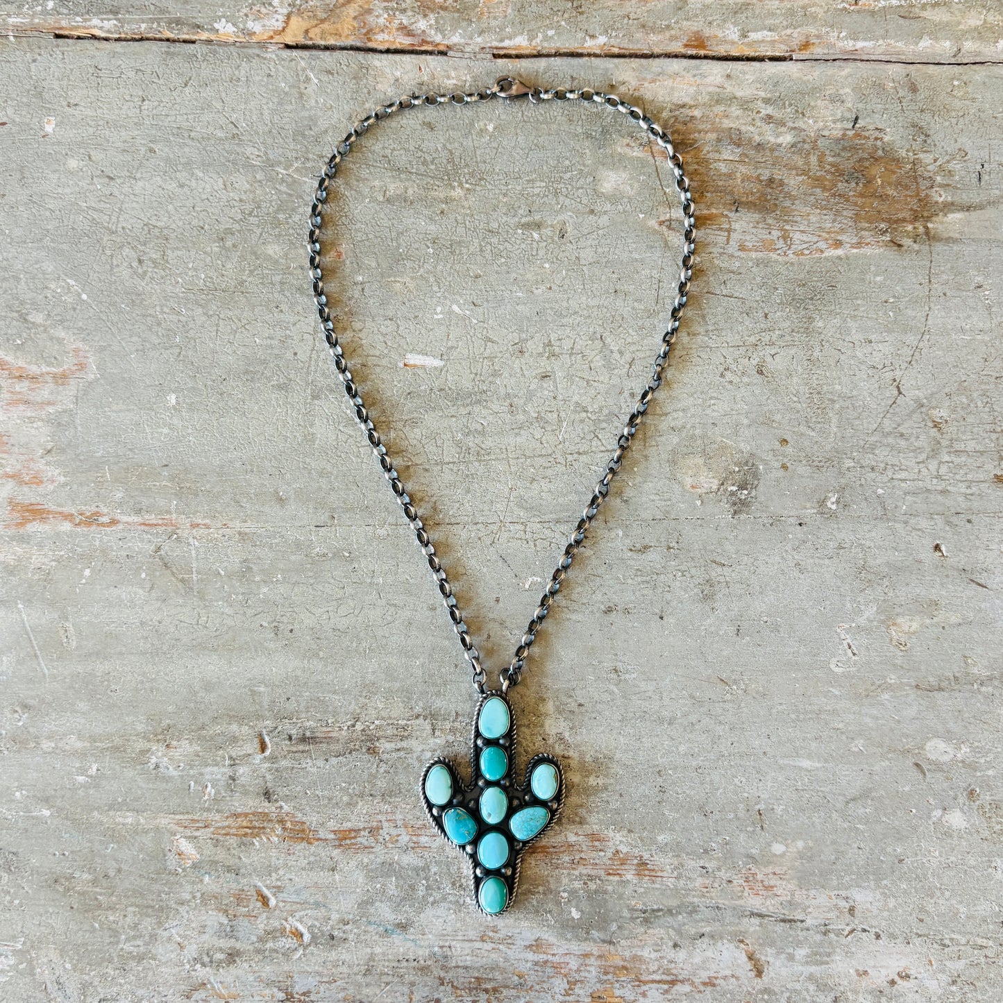 Navajo Antionette Martinez Sterling Silver & Mixed Turquoise Cluster Cactus Pendant Necklace