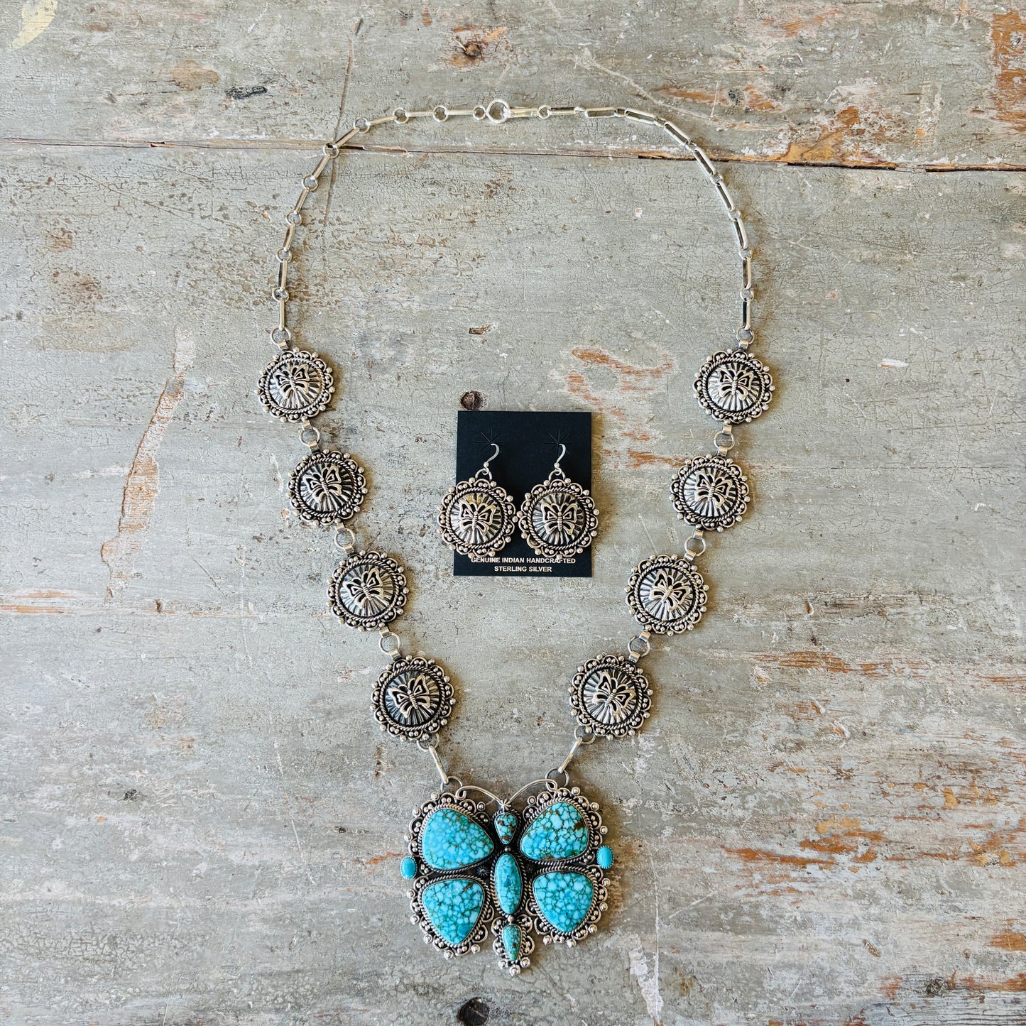 Navajo Hemerson Brown Sterling Silver & Web Kingman Butterfly Concho Statement Necklace Set