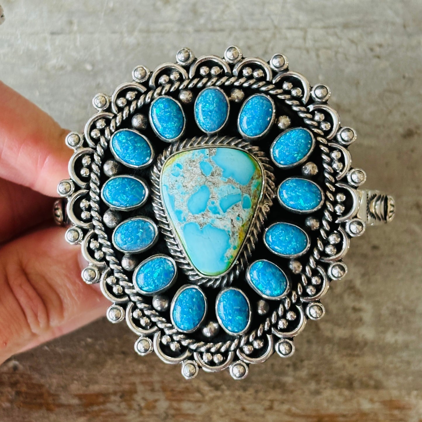 Navajo Hemerson Brown Sterling Silver - Sonoran Turquoise & Blue Lab Opal Cluster Statement Cuff