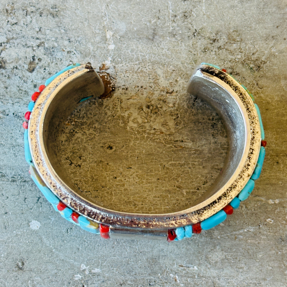 Navajo Lester James Sterling Silver - Red Coral & Multi Turquoise Cobblestone Cuff