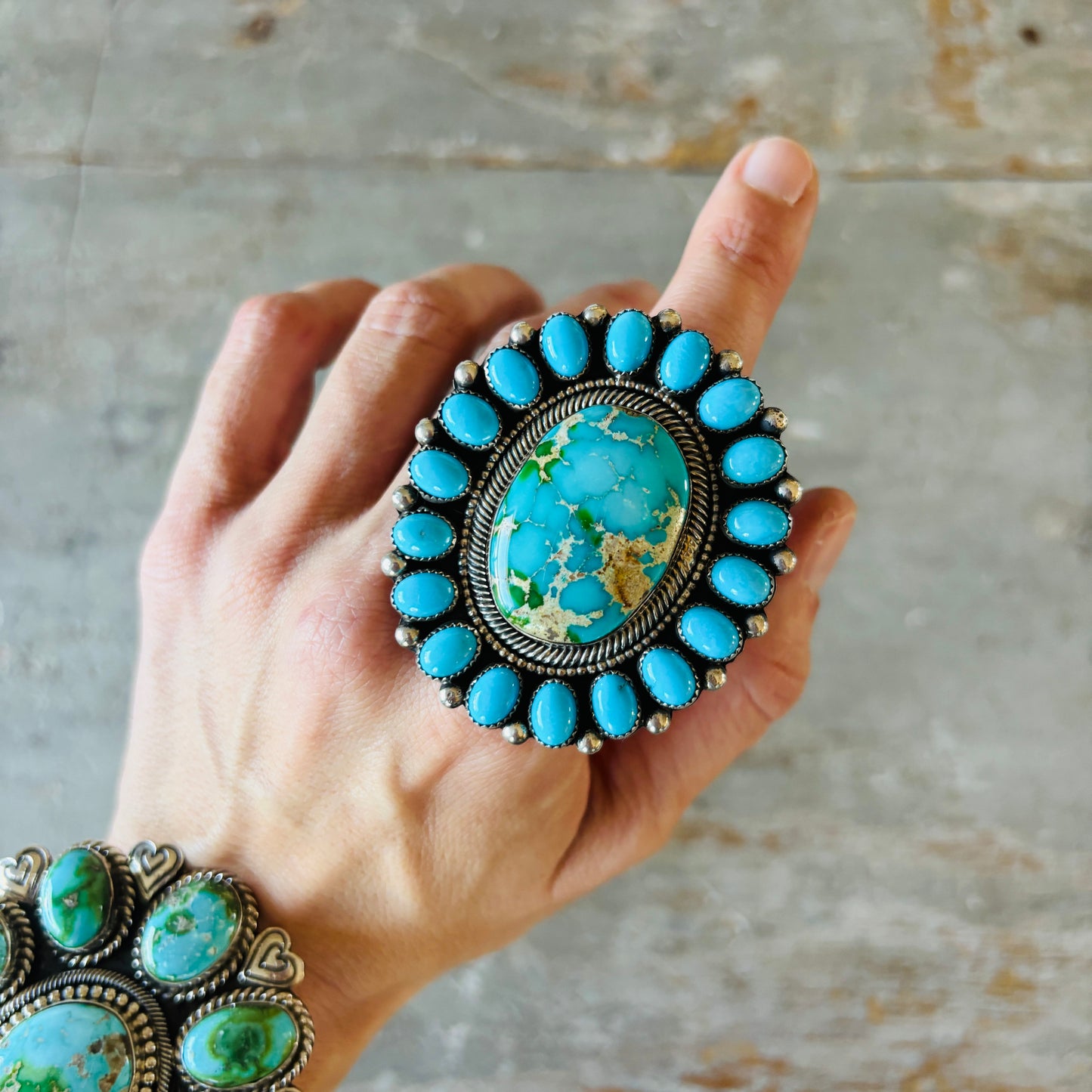 Navajo Hemerson Brown Sterling Silver - Sonoran & Sleeping Beauty Turquoise Cluster Ring