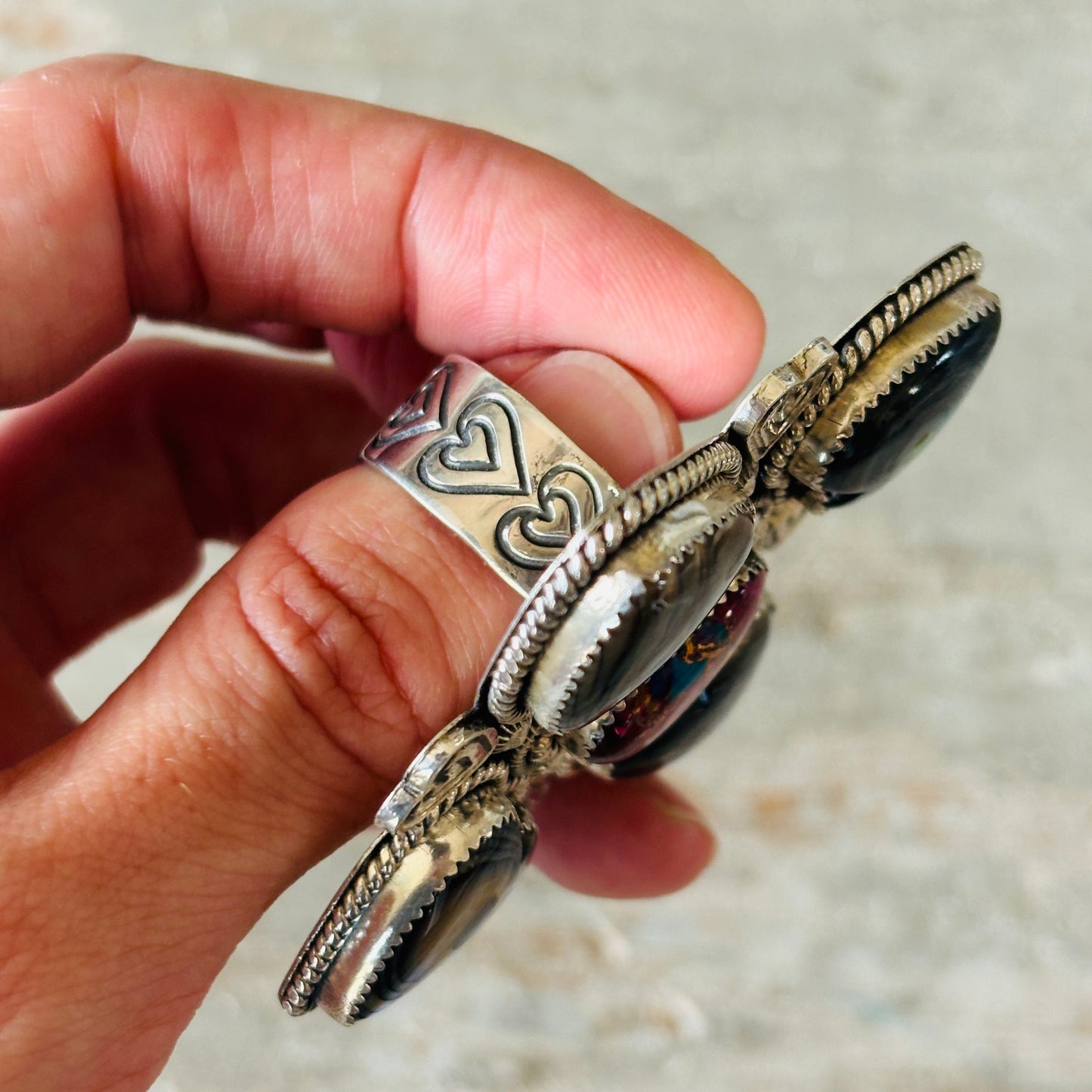 Navajo Hemerson Brown Sterling Silver - Abalone & Mojave Hearts Ring