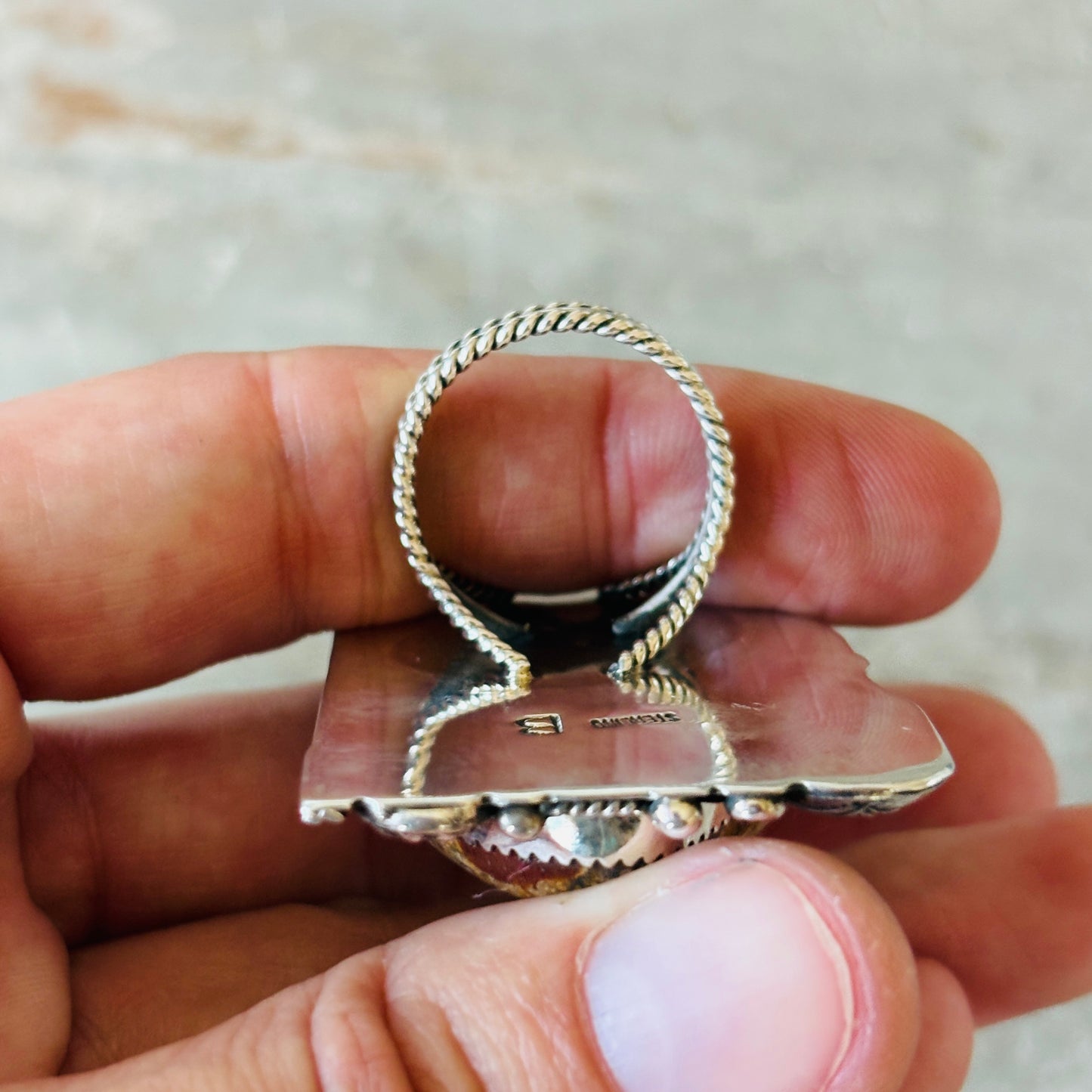 Navajo Bryan Tom Sterling Silver - Kingman - Lone Mountain Turquoise & Dinosaur Bone Maiden Ring