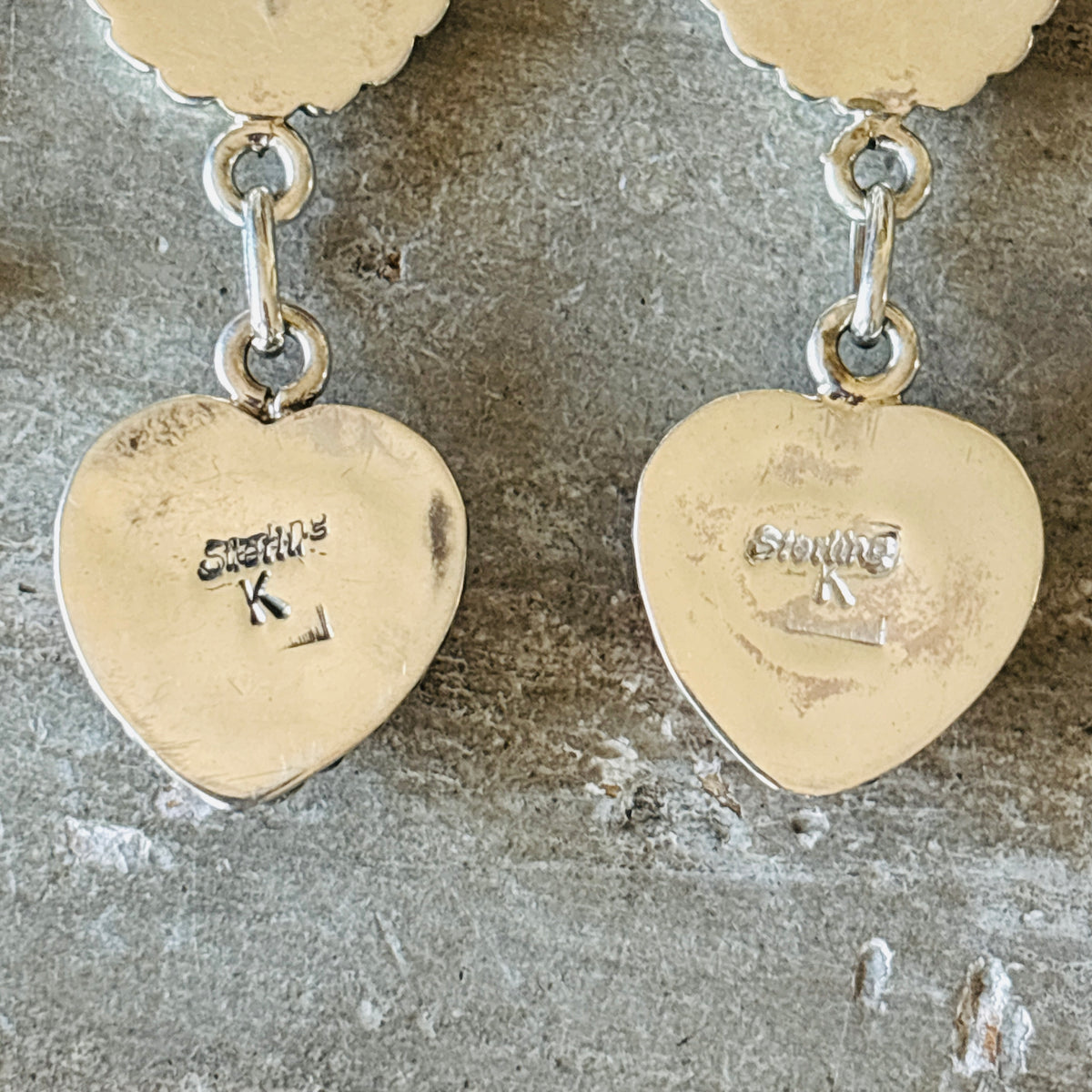 Navajo Signed Sterling Silver & Pink Conch Heart Earrings