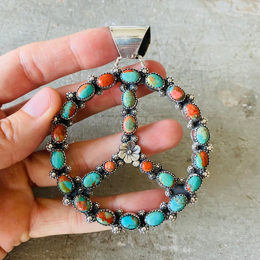 Navajo Lorenzo Jerilyn Chee Sterling Silver Red Spiny Oyster - Kingman Turquoise Mojave Peace Sign Pendant