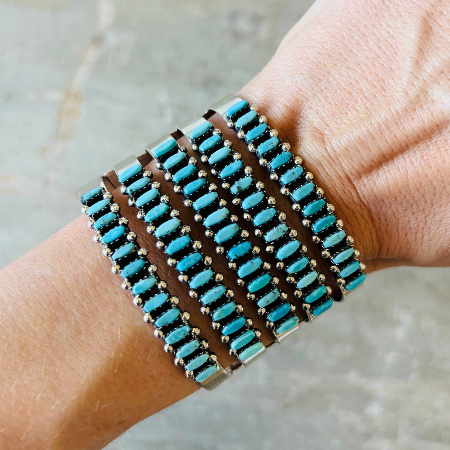 Zuni Veronica Martza Sterling Silver & Kingman Turquoise Five Row Statement Cuff