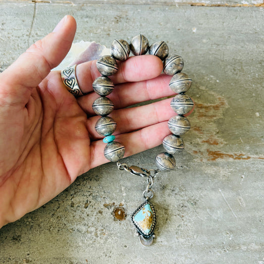 Navajo James McCabe Sterling Silver - Liberty Dime Beads & Royston Turquoise Bracelet