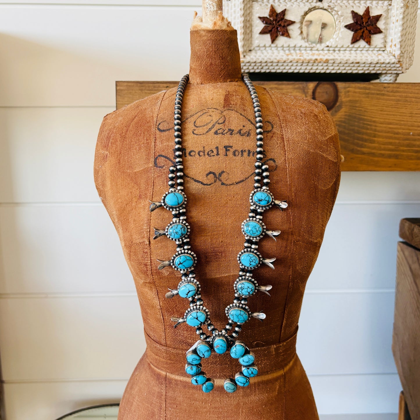 Navajo Lydia Begay Sterling Silver & Egyptian Turquoise Squash Blossom Necklace