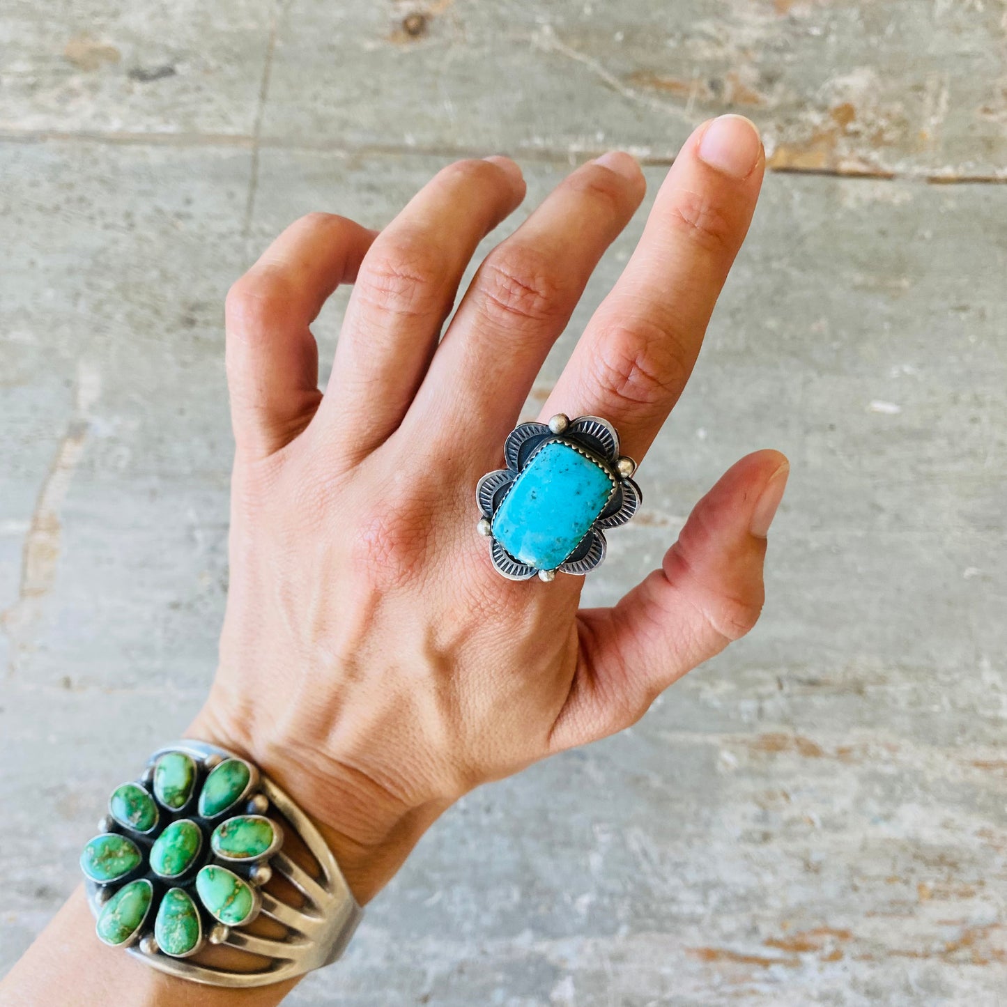 Navajo Tia Long Sterling Silver & Kingman Turquoise Ring