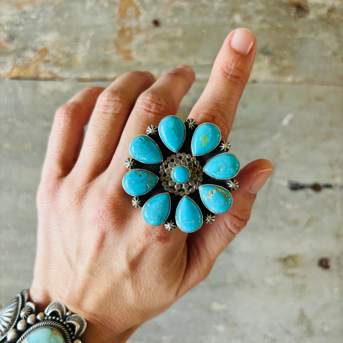 Navajo Aaron Talis Sterling Silver & Blue Ridge Turquoise Floral Cluster Ring