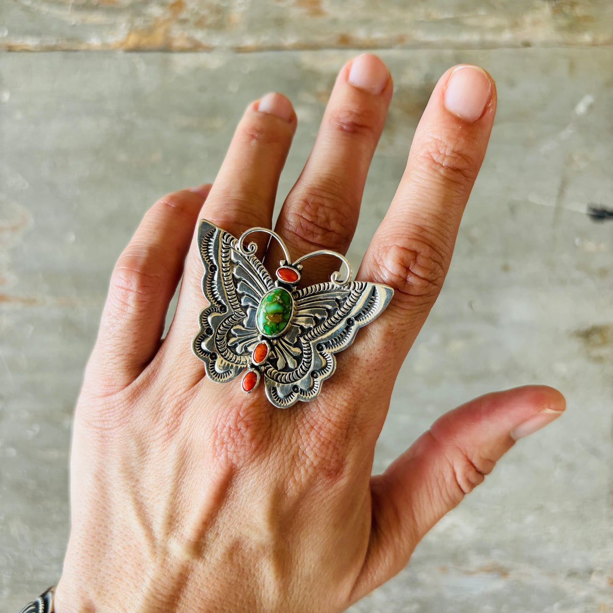 Navajo Lee Charley Sterling Silver - Red Coral & Sonoran Turquoise Butterfly Ring