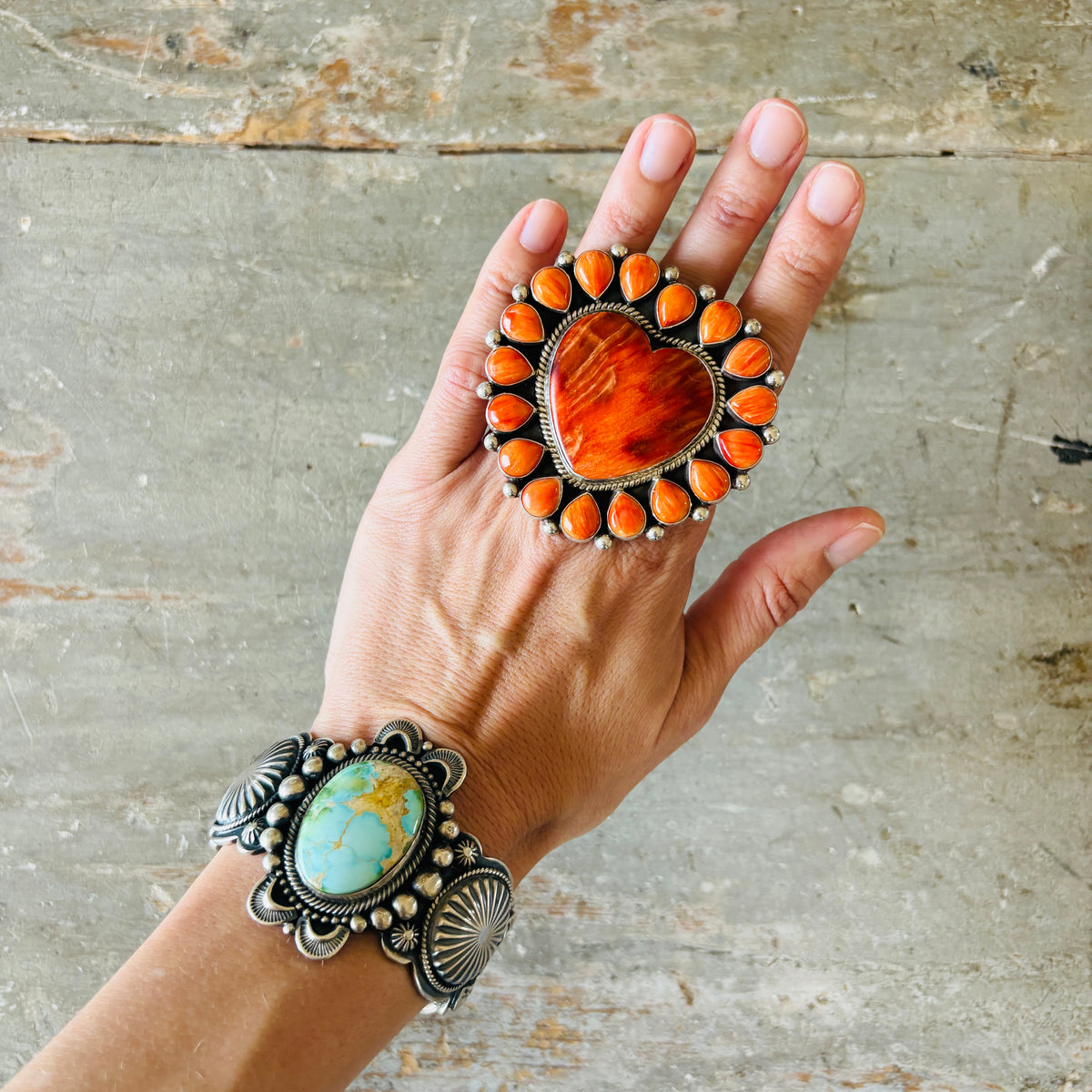 Navajo Tyler Brown Sterling Silver & Orange Spiny Oyster Heart Cluster Ring