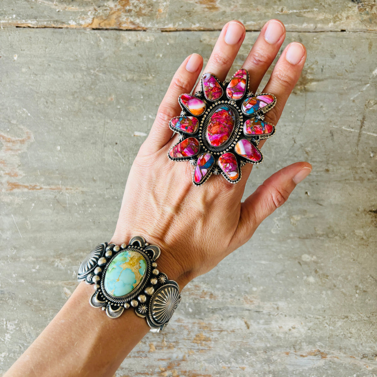 Navajo Hemerson Brown Sterling Silver & Pink Dahlia Mojave Cluster Ring