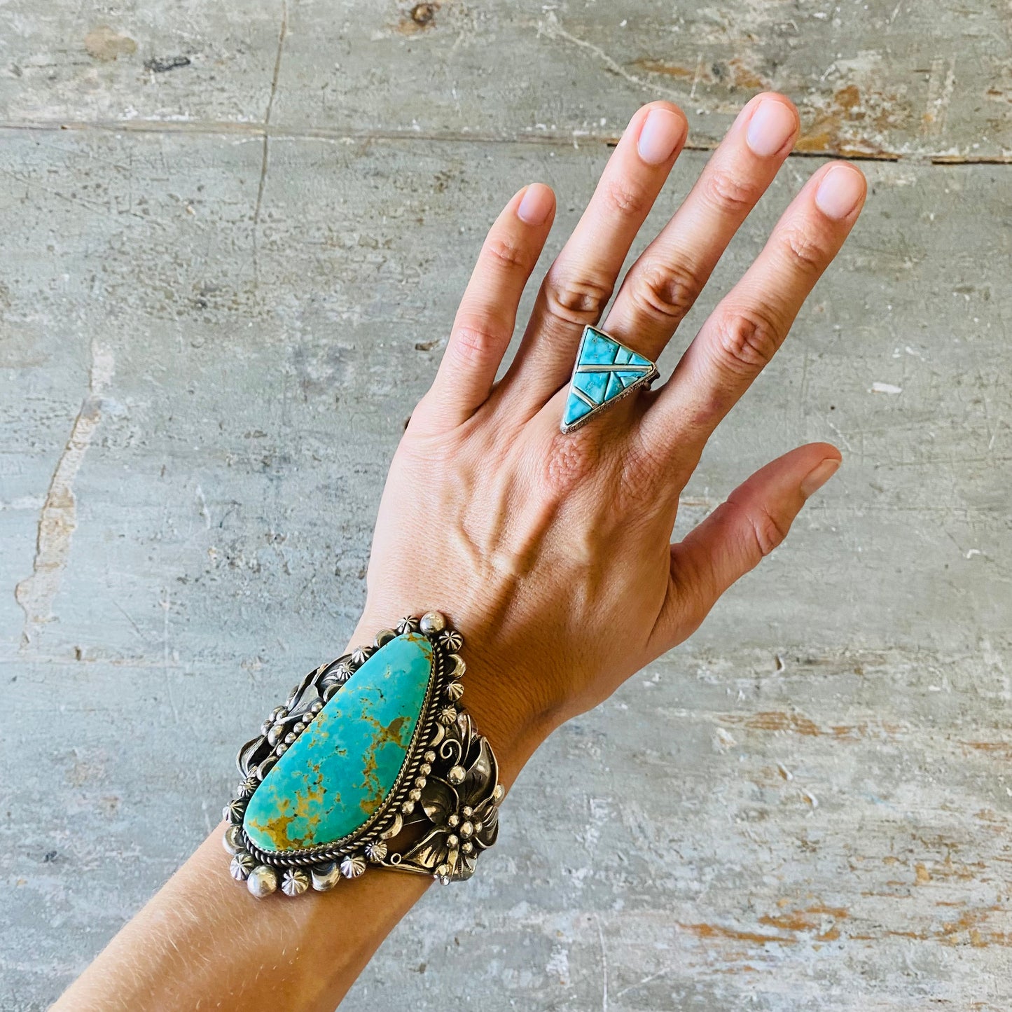 Navajo Lester James Sterling Silver & Kingman Turquoise Triangle Cobblestone Ring