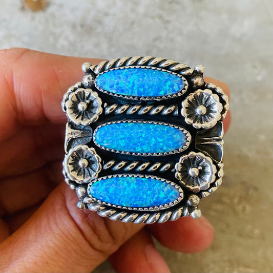 Navajo Kindale Billah Sterling Silver & Blue Lab Opal Floral Ring