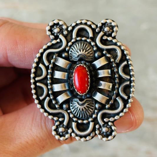 Navajo Braxton Parkett Sterling Silver & Red Coral Statement Ring