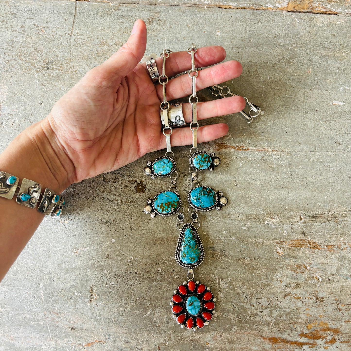 Navajo Hemerson Brown Sterling Silver - Red Coral & Web Kingman Statement Necklace