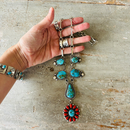 Navajo Hemerson Brown Sterling Silver - Red Coral & Web Kingman Statement Necklace