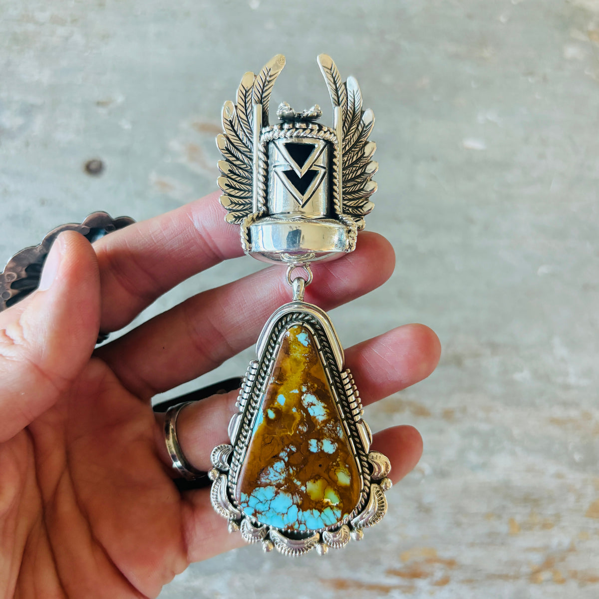 Navajo Henry Yazzie Sterling Silver & Royston Turquoise Kachina Statement Pendant