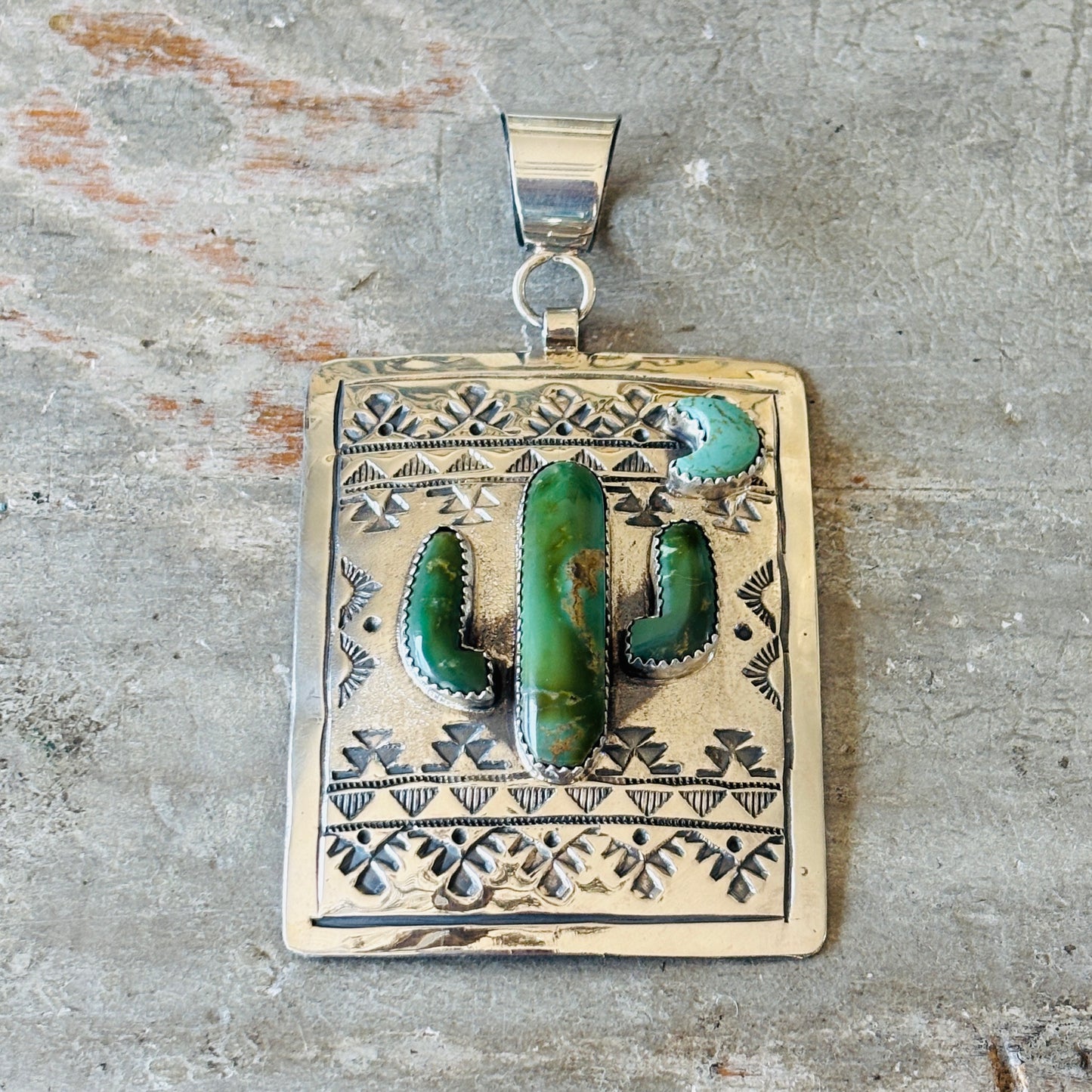 Navajo Hemerson Brown Sterling Silver & Kingman Turquoise Cactus Pendant