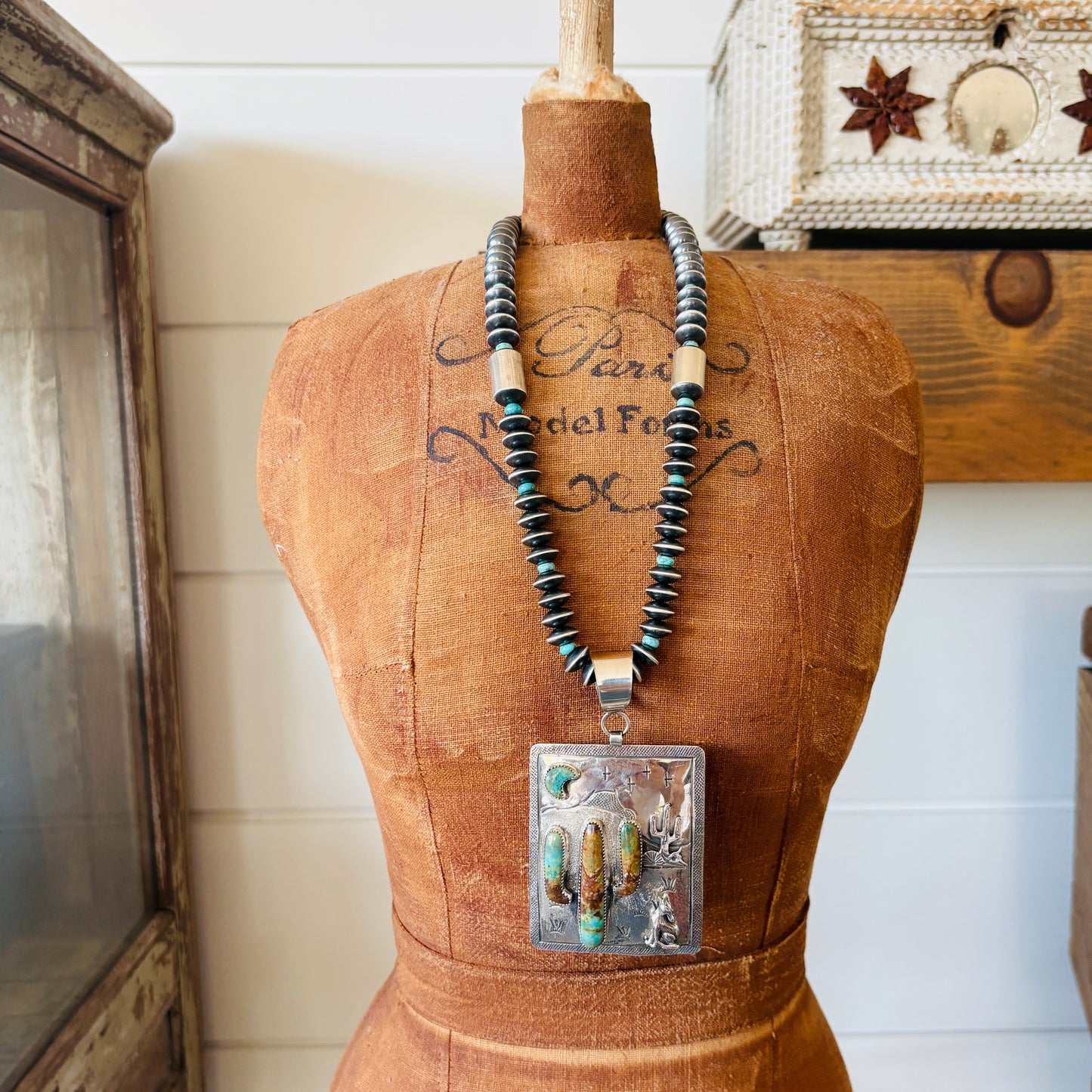 Navajo Hemerson Brown Sterling Silver & Kingman Turquoise Cactus Pendant