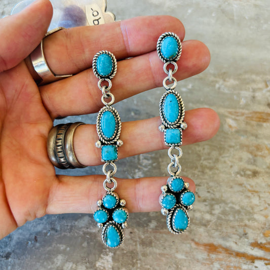 Navajo Signed Sterling Silver & Kingman Turquoise Earrings