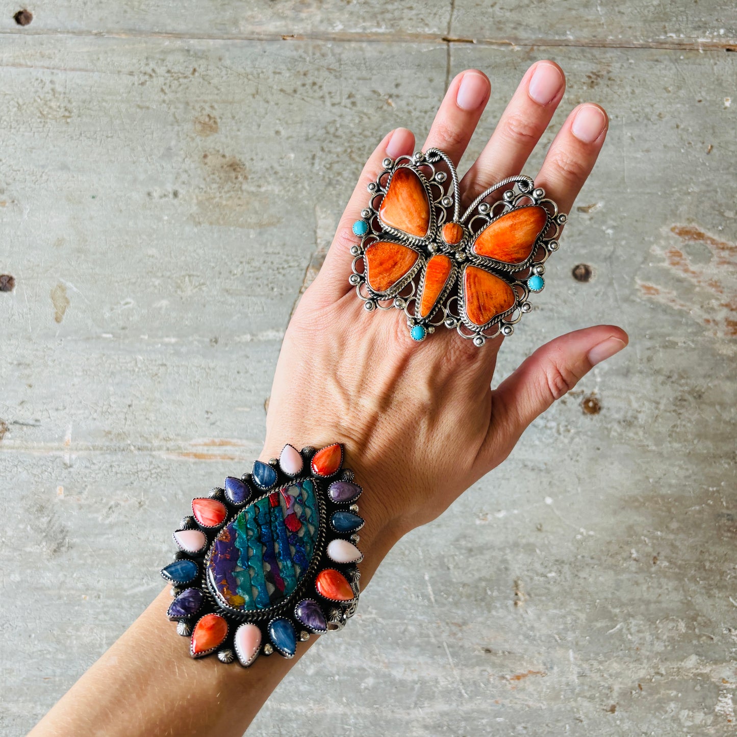 Navajo Hemerson Brown Sterling Silver - Orange Spiny & Sleeping Beauty Turquoise Butterfly Ring