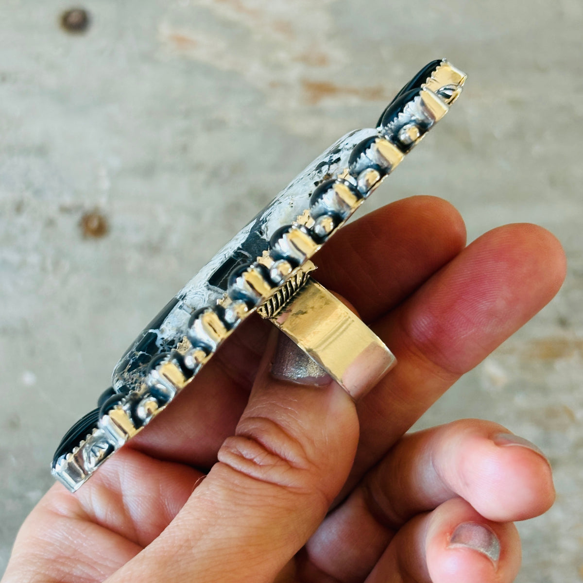 Navajo Hemerson Brown Sterling Silver & White Buffalo Cluster Statement Ring